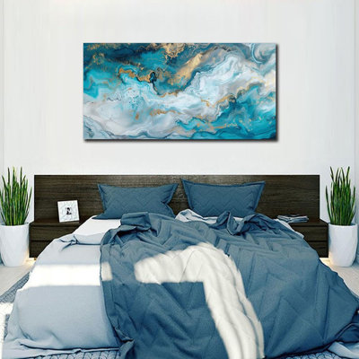 Abstrait, art mural bleu sarcelle, marbré bleu, toile, images pour mur, aquarelle abstraite moderne, peinture pour salon, impression d'art abstrait contemporain pour chambre à coucher, bureau à domicile, décorations (20 po x 40 po)