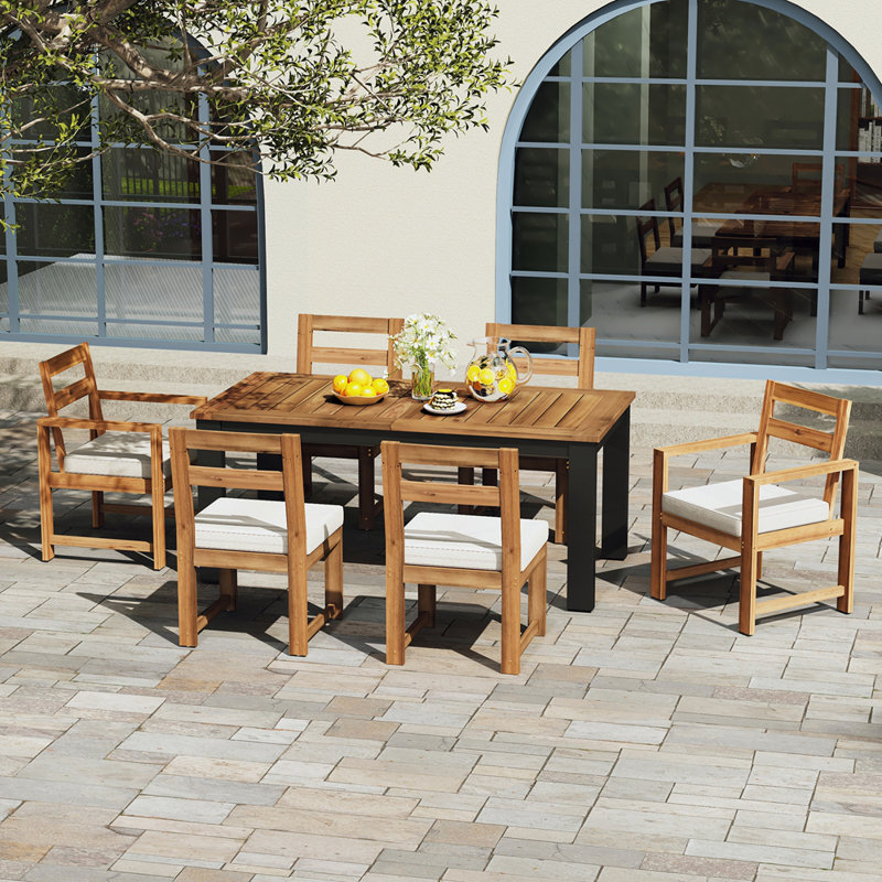 Ensemble 7 pièces de table de patio et chaises, ensemble de table de salle à manger en bois pour 6 avec trou pour parasol