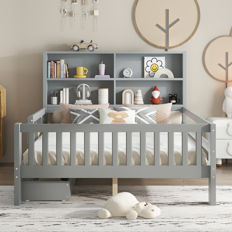 Lit plateforme en bois massif avec tiroirs et tablettes de rangement, Lit simple, Blanc