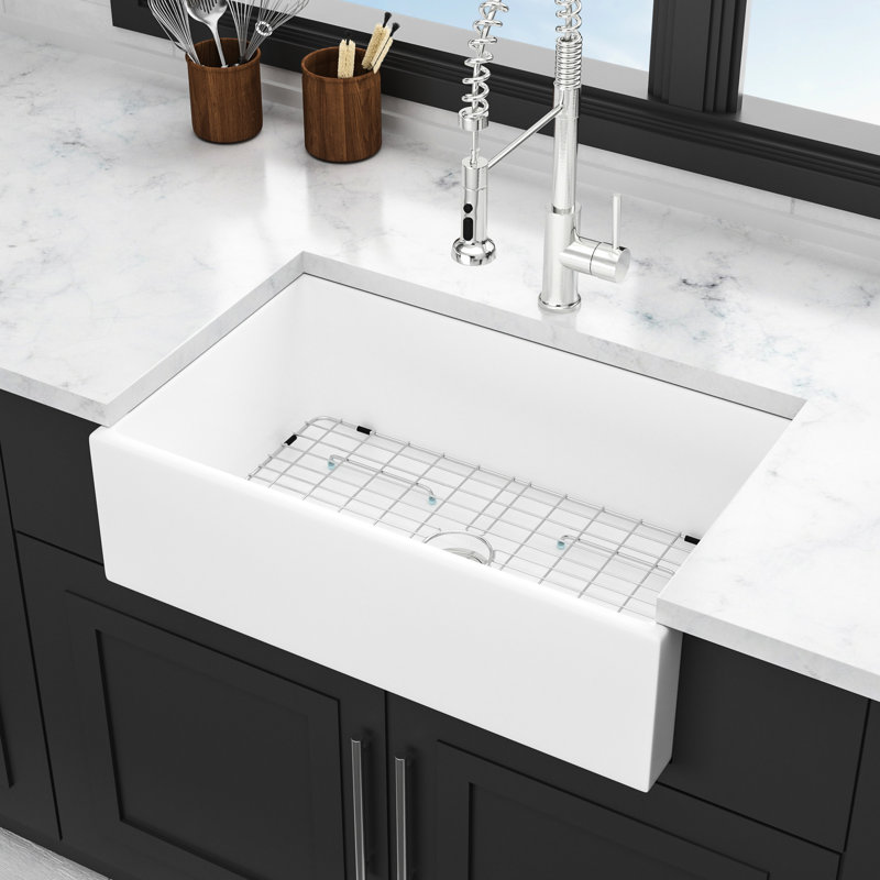 White Ceramic 33 Inch Sink - Undermount Single Bowl With Apron Front, Scratch And Heat , Big Kitchen Basin, 33X18x10 Roomy Sink,