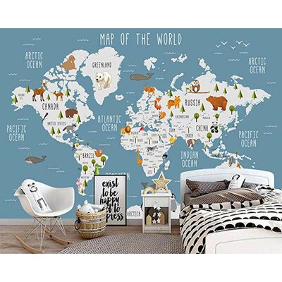 Allysun Blue World Map Wall Mural Cartoon Animal Textile Wallpaper -  Zoomie Kids, 1975CC76ADD64BE7990506BAEFCF9EBA