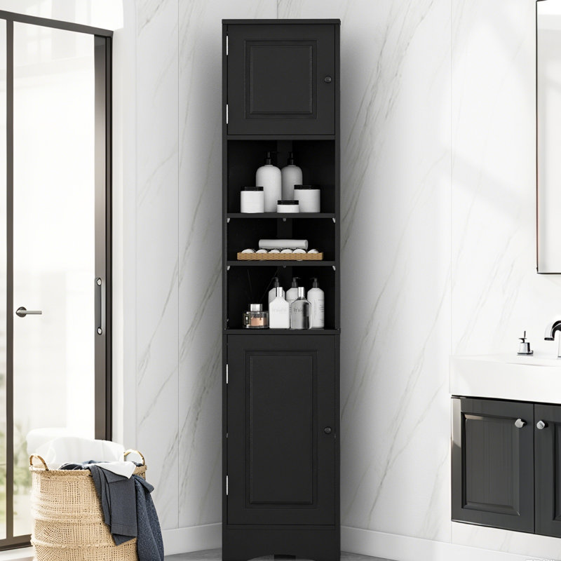Armoire de rangement d'angle pour salle de bain avec 2 portes, tablettes réglables, tablettes ouvertes multi-couches, Noir