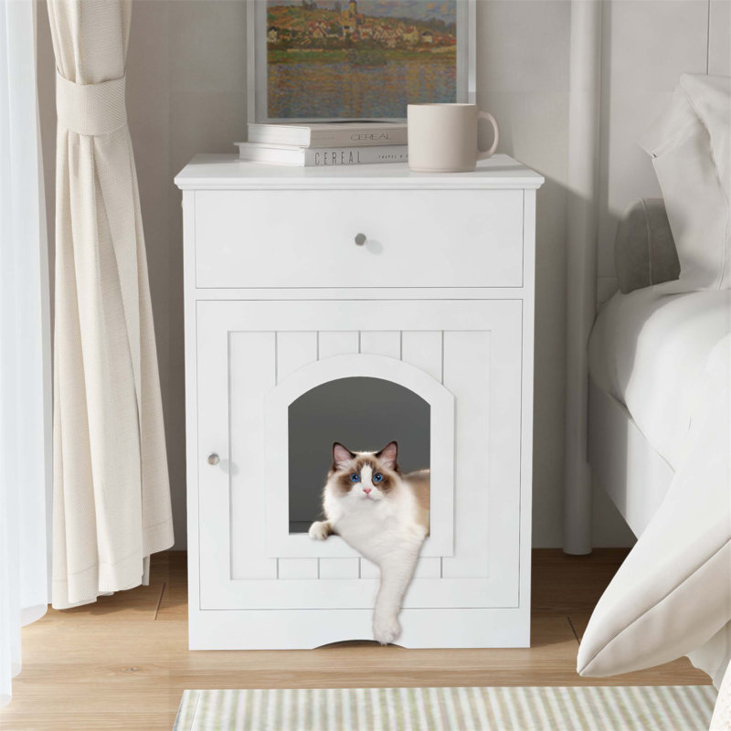 Enceinte de litière en bois pour chat avec tiroir et table d'appoint, cage d'intérieur peu encombrante et table de chevet