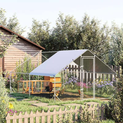 Metal Chicken Coop Run With Waterproof Cover. Shaped Walk-in Fence Cage Hen House For Yard Farm. 1" Tube Diameter. Spacious Various Animals. Lockable