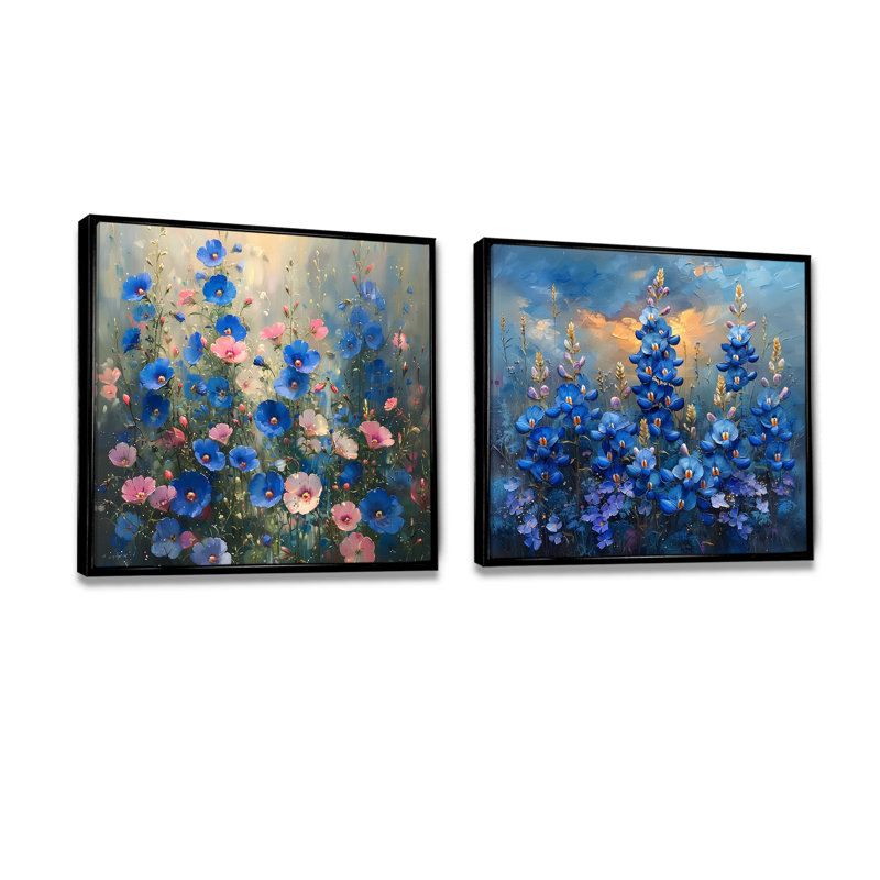 «Blue Pink Morning Magic Blue Bonnets I - Blue Bonnets Wall Art», ensemble d'art mural traditionnel 2 pièces, Noir