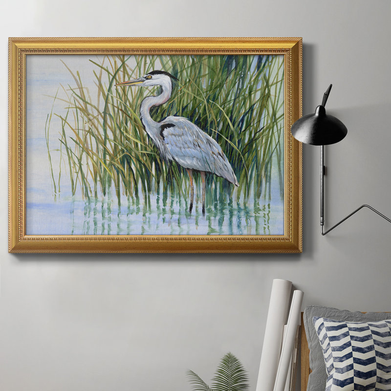 Héron dans le marais II - Peinture sur toile encadrée, H 24 po x l 36 po