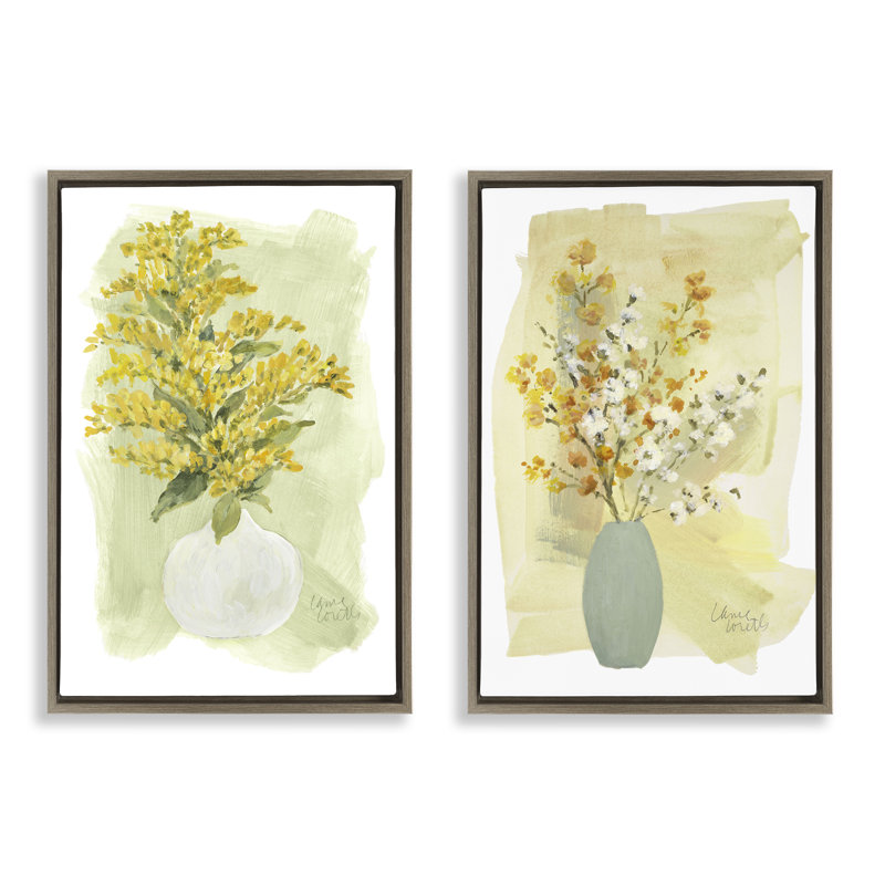 «Yellow Wildflowers in Bloom», ensemble de 2 toiles flottantes encadrées noires par Lanie Loreth, H 31 po x l 21 po