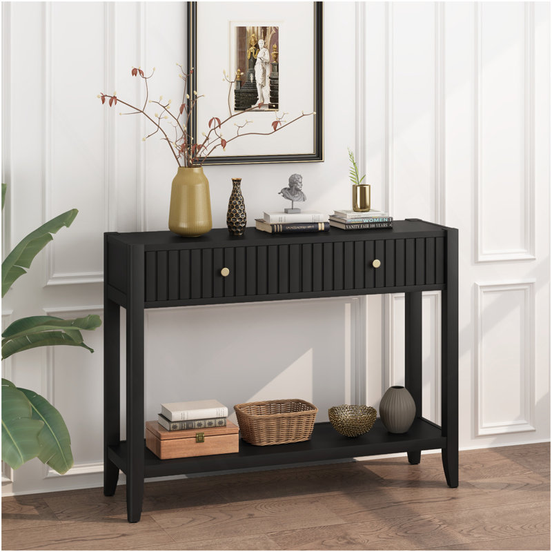 Console avec tiroirs, table d'appoint en bois avec table de rangement étroite et tablette de rangement