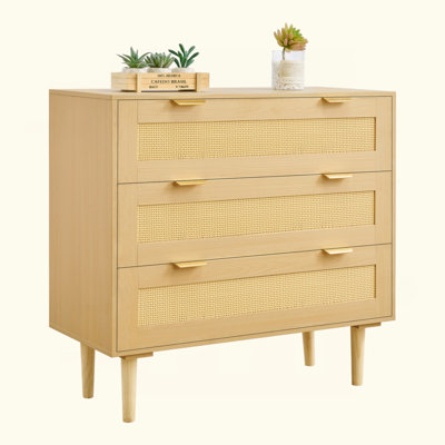 Commode 3 tiroirs en rotin, commode Boho avec façades en rotin tissé à la main, poignées en métal et pieds en bois, organisateur de rangement à poids pour le couloir de la chambre à coucher