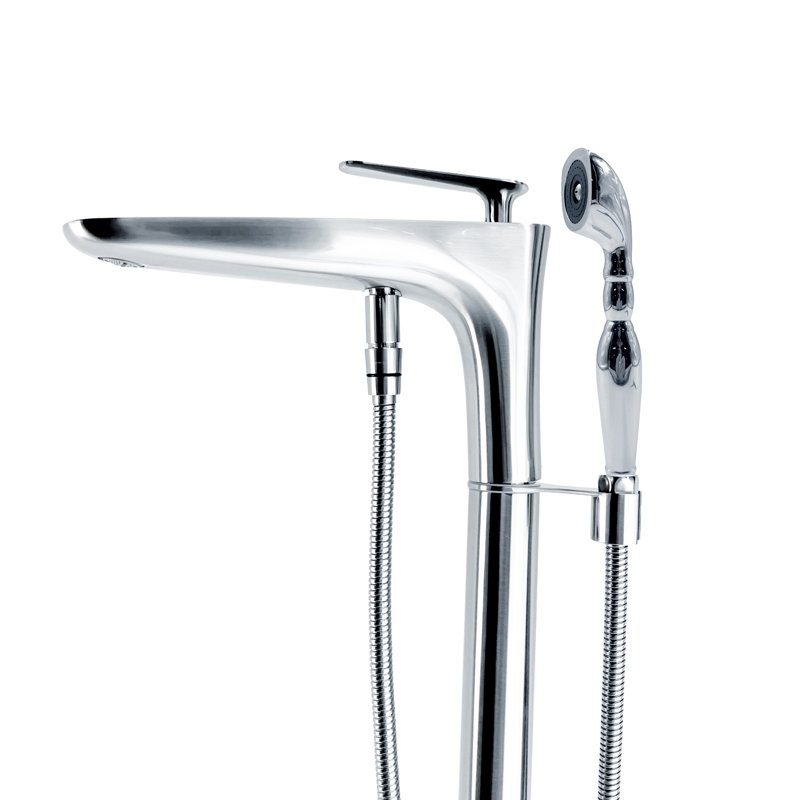 Freestanding Floor Mount Tub Filler Faucet with Hand Shower Pluto - Brushed Nickel, Brushed Nickel, Breeze