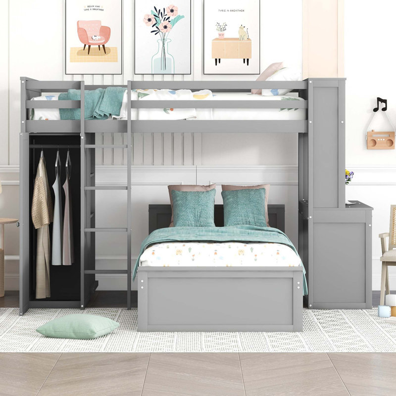Lit mezzanine peu encombrant avec bureau intégré et lit simple, Twin, Gris
