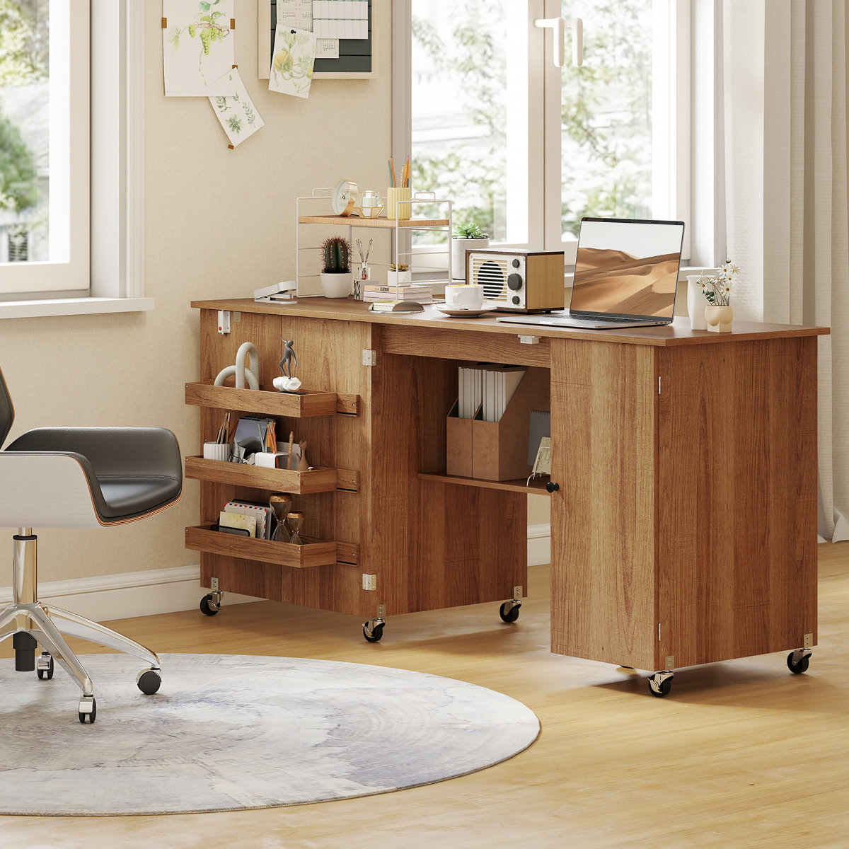 HomCom Folding Sewing Table with Drop Leaf, Rolling Craft Table, Brown ...
