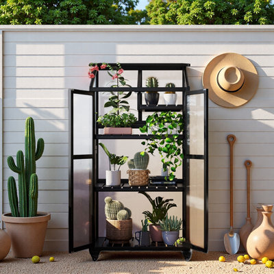 Wood Large Greenhouse Balcony Portable Cold Frame With Wheels, Adjustable Shelves And Openable Roof