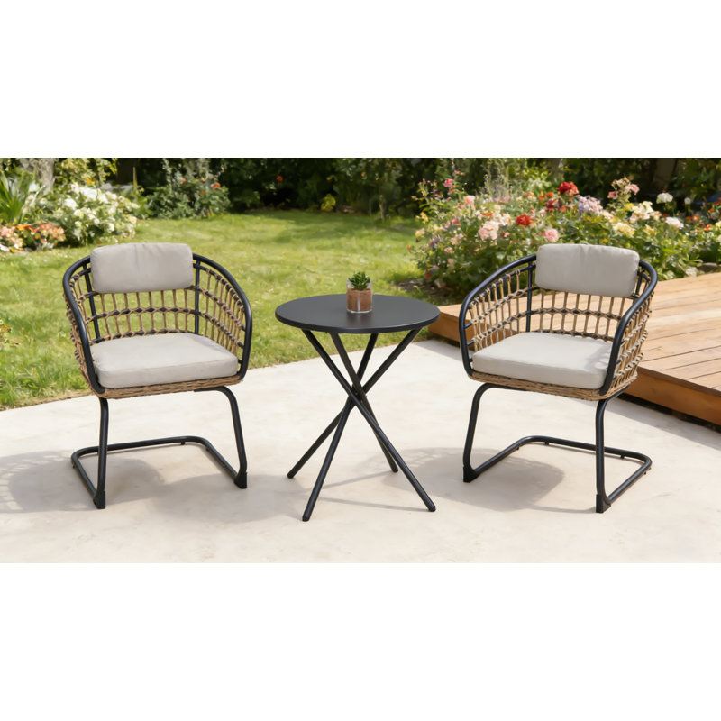 3-Piece Outdoor Wicker Bistro Set, Patio Rattan Bistro Table With 2 Cushioned Chairs, Weather-Resistant Balcony, Garden, Backyard Seating