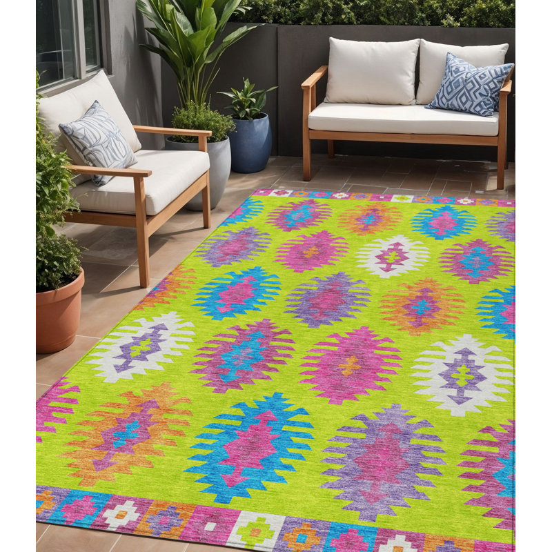 Tapis lavable intérieur / extérieur 5 pi x 8 pi vert lime rose et mauve Southwestern