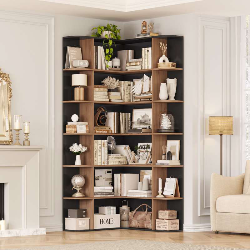 73.9" Hcorner Bookcase 6 Tier L-Shaped Bookshelf, Black/Brown
