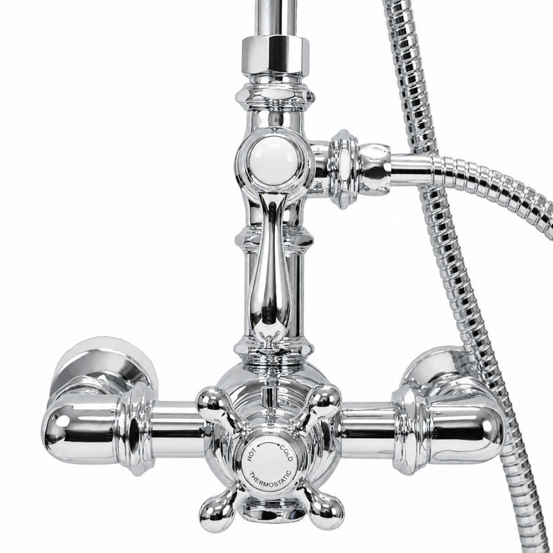 Système de douche thermostatique exposé 52 po mural avec douche à main 1,75 GPM et poignées levier / croix, Chrome chrome