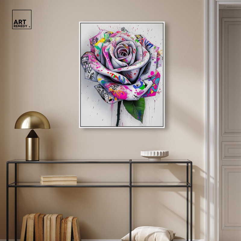 Graffiti Rose Canvas Urban Glam Prints by Art Remedy, 31" H x 25" W, White Floater Framed