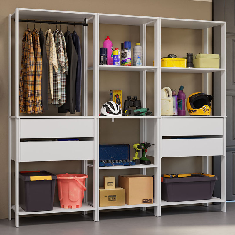  Garage Storage Rack with  Drawers, Open Shelves and Hanging Space  Multiuse Modular Organization Cabinet for Tools - White