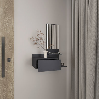 Console flottante noire avec 3 tablettes et un tiroir à extension complète - Miroir pour le salon, la chambre à coucher ou le couloir