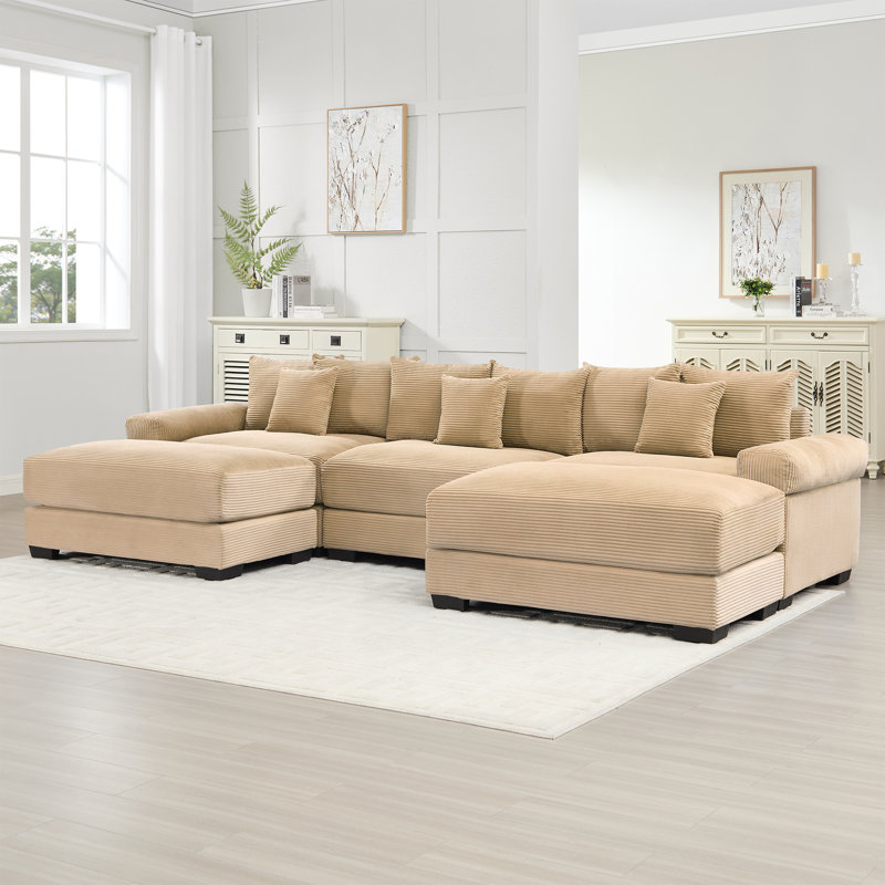 Cohette U-Shaped Corduroy Sectional Sofa with Ottomans & Throw Pillows, Camel Corduroy