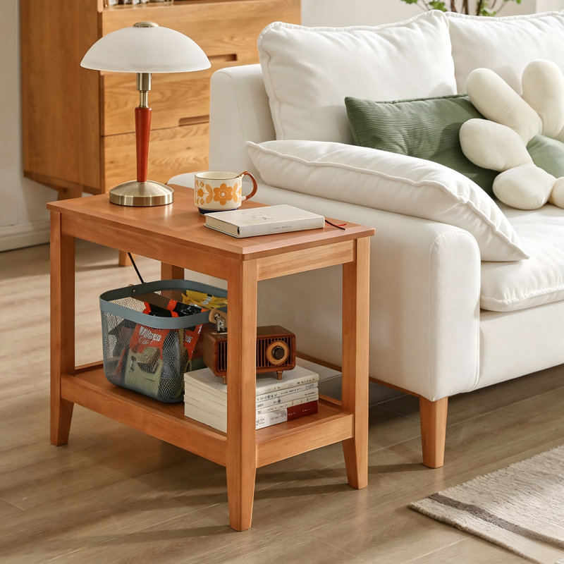 Table d'appoint rustique à 2 niveaux en bois d'hévéa massif (100 %) avec tablette de rangement ouverte, table d'appoint multifonctionnelle, table basse et support pour plantes d'intérieur pour le salon.