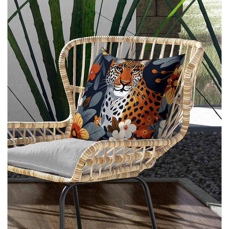 Coussin intérieur / extérieur Jungle Cat, Bleu / orange / marine, Carré 18 po