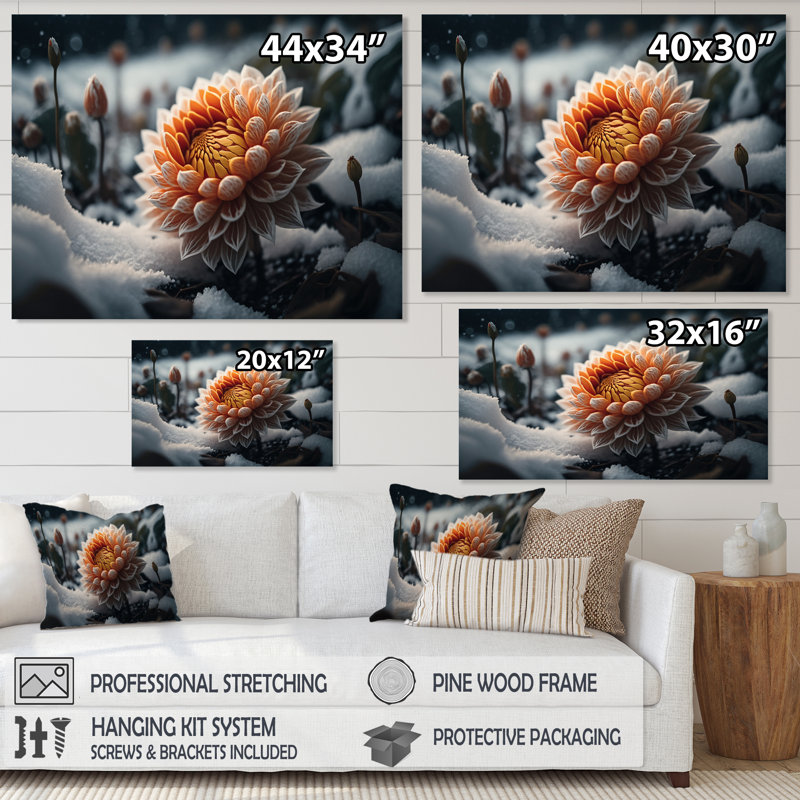 Une fleur de dahlia orange en fleurs III - Impression sur toile, H 16 po x l 32 po x P 1 po, Toile tendue