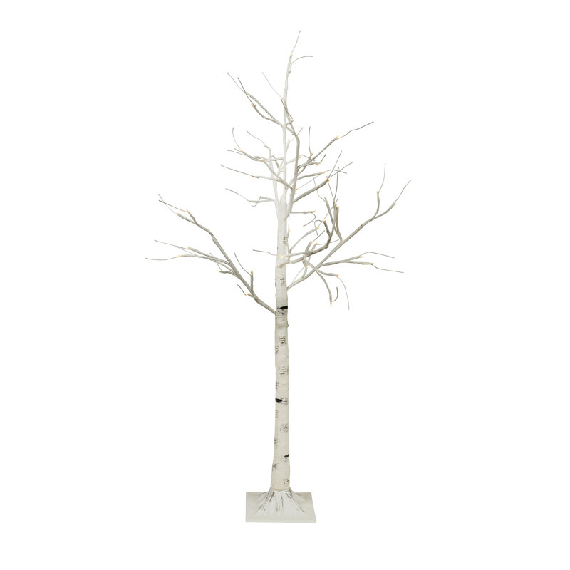 Birch Tree On Metal Base In/Outdoor with LED Lights with 8 Lighting Modes, 47" H x 7"W x 7" D, Beige