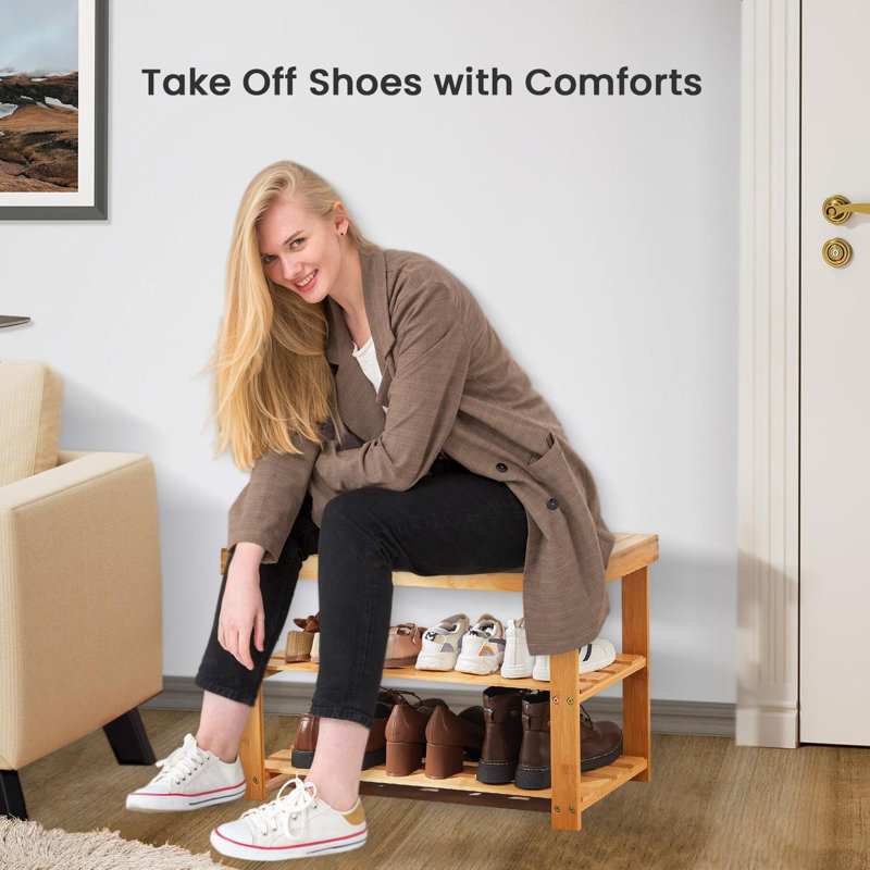 MantraRaj Bamboo Shoe Bench 3-Tier Shoe Rack Stand Seater Shoes Organizer 6 Pair Shoe Storage
