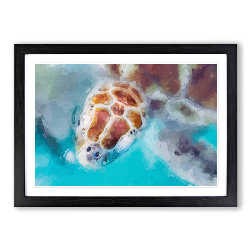 Green Sea Turtle in Abstract - Picture Frame Graphic Art Print on MDF, 36cm H x 48cm W x 2cm D, Black Framed