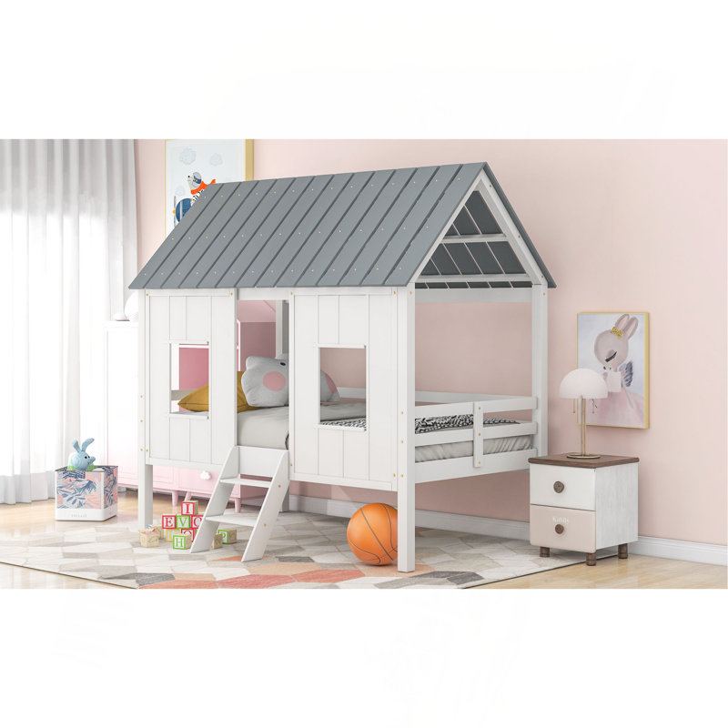 Twin Size Low Loft House Bed With Roof And Two Front Windows , White