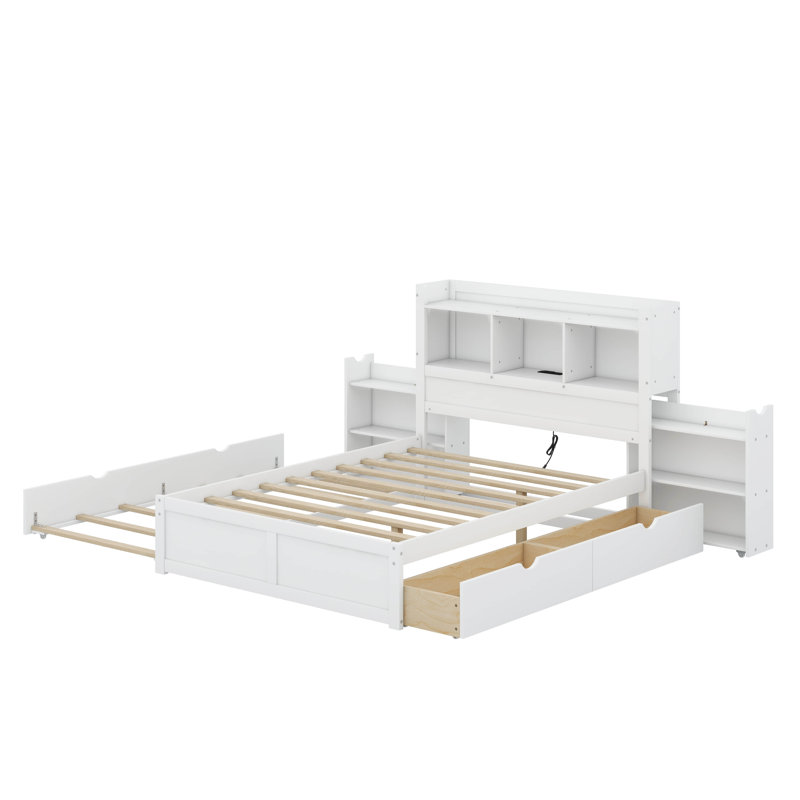 Lit plateforme pleine grandeur avec tablettes coulissantes, lit gigogne simple et 2 tiroirs, White
