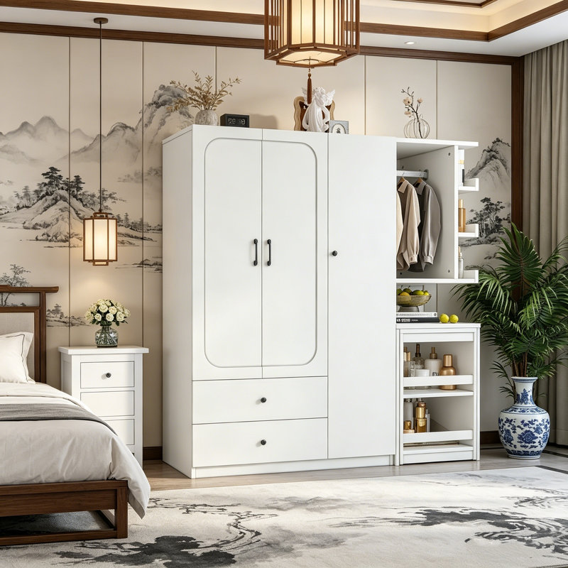 Multifunctional Wardrobe Closet,  Closet With Folding Vanity Desk, Drawers And Open Shelves, 3-Door Armoire With Hanging Rod, Dressing Table Storage Cabinet For Bedroom, White And Grey