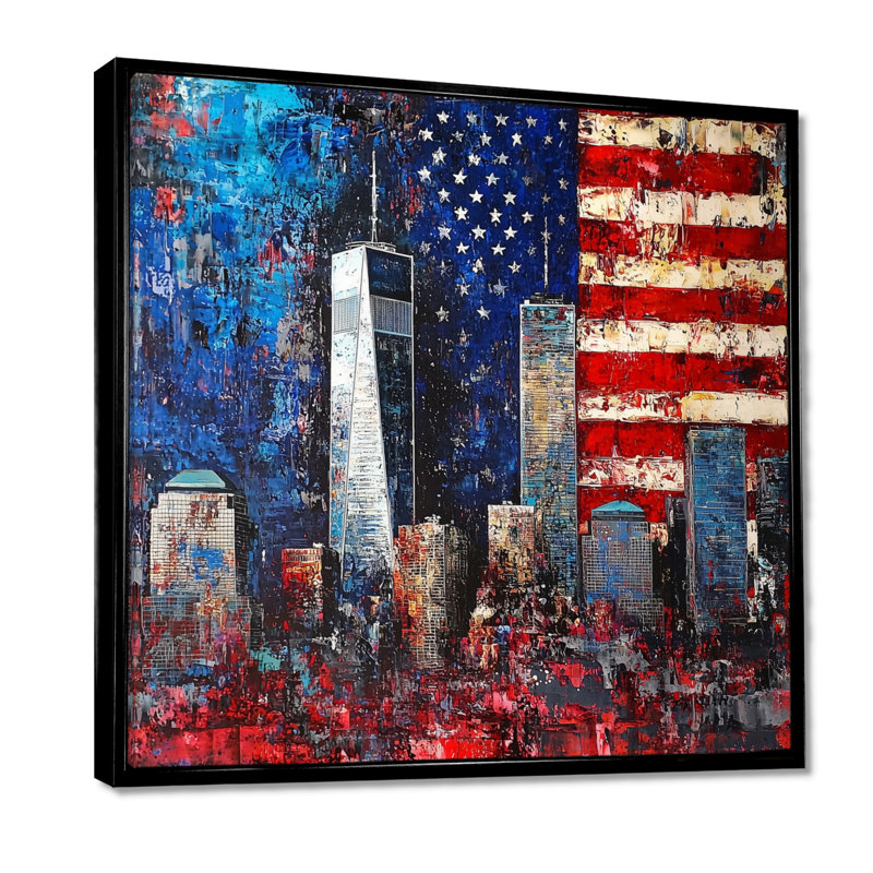 «Abstract 911 Towers Memories» - art mural patriotiste américain, H 16 po x l 16 po, Impression encadrée flottante