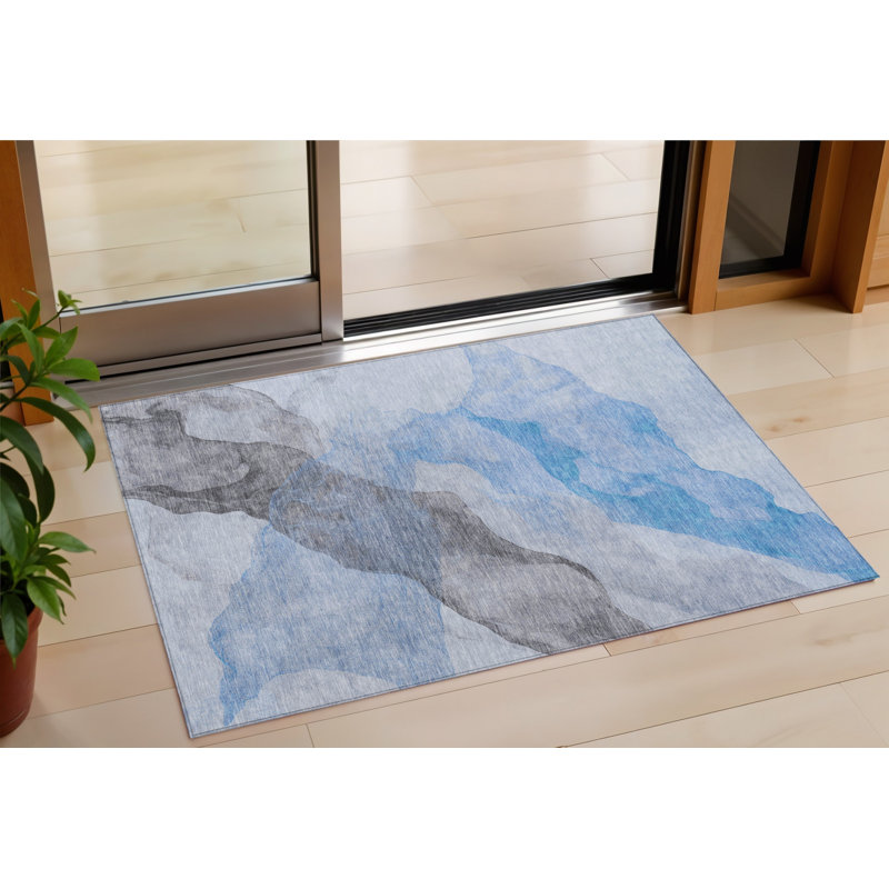 Tapis d'extérieur lavable abstrait bleu ciel et gris 3 pi x 5 pi