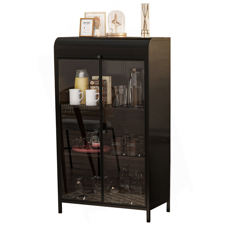 47.6" Tall Metal Storage Cabinet With Glass Doors & Flip-Top, 4-Tier Display Cabinet With Open Shelves, Freestanding Steel Sideboard Buffet For Kitchen, Living Room, Home Office, Dining Room, Bathroom