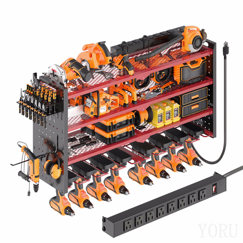 Rangement à outils mural modulaire de 33 po avec support de perceuse robuste pour station de charge avec crochets et support à 8 prises en rouge