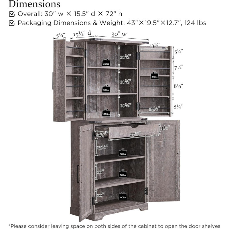 Aaleah 72'' Kitchen Pantry with 12 Door Shelves, 6 Adjustable Shelves and 1 Deep Drawer, Gray