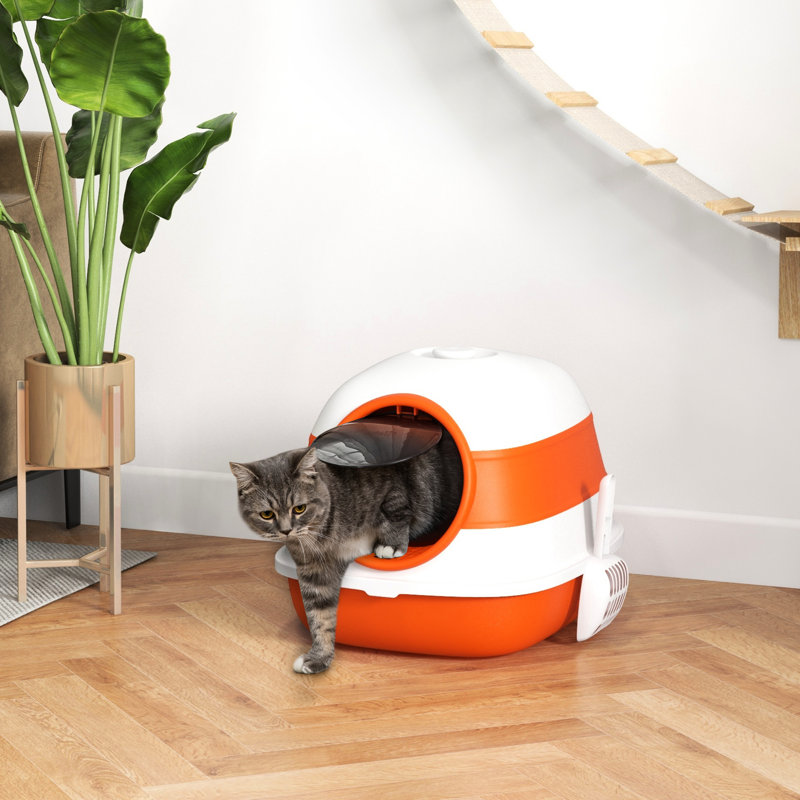 Bac à litière pour chats, pliable et compact, facile à nettoyer, surélevé, grand à deux entrées, orange noir, bac à chat à circulation d'air améliorée, couvercle gardant l'intimité, pliable, chats noirs