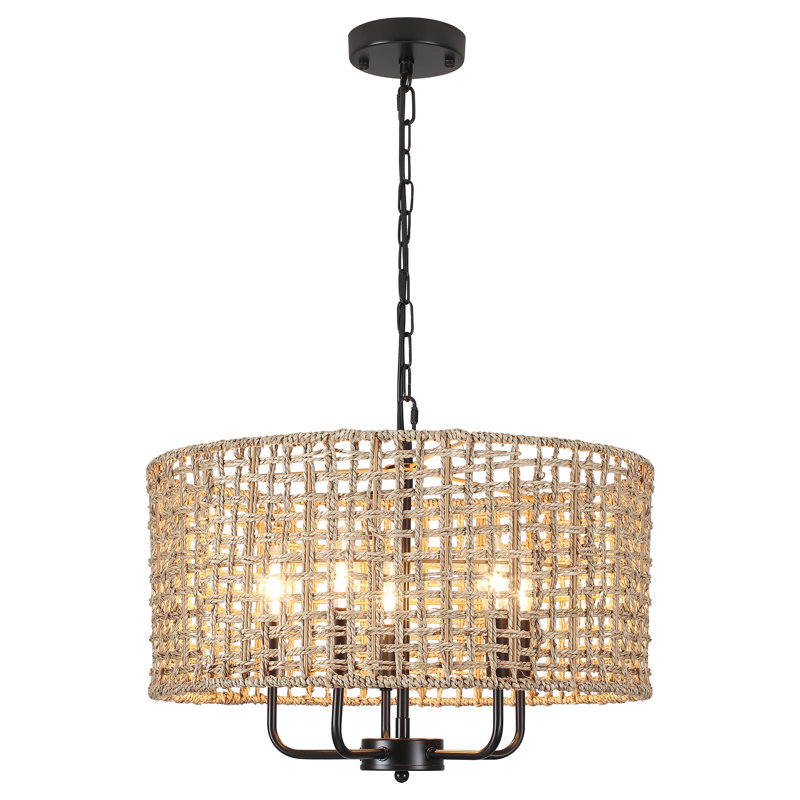 Ekkehard 5 - Light Dimmable Drum Chandelier Natural Rattan Bohemian Pendant, Black