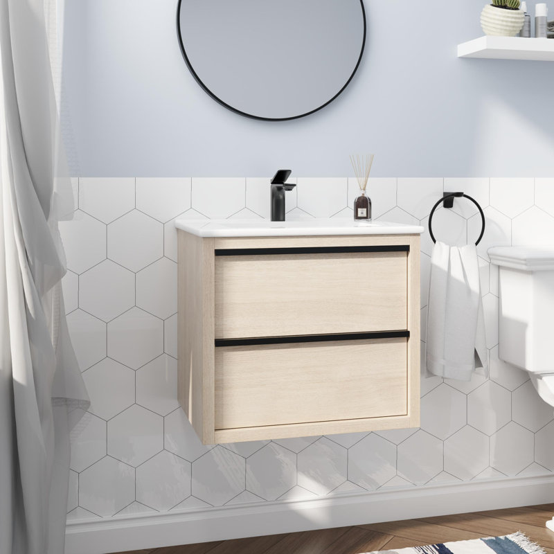Meuble-lavabo flottant simple 24 po avec plateau en céramique Galeri, Blanc lustré