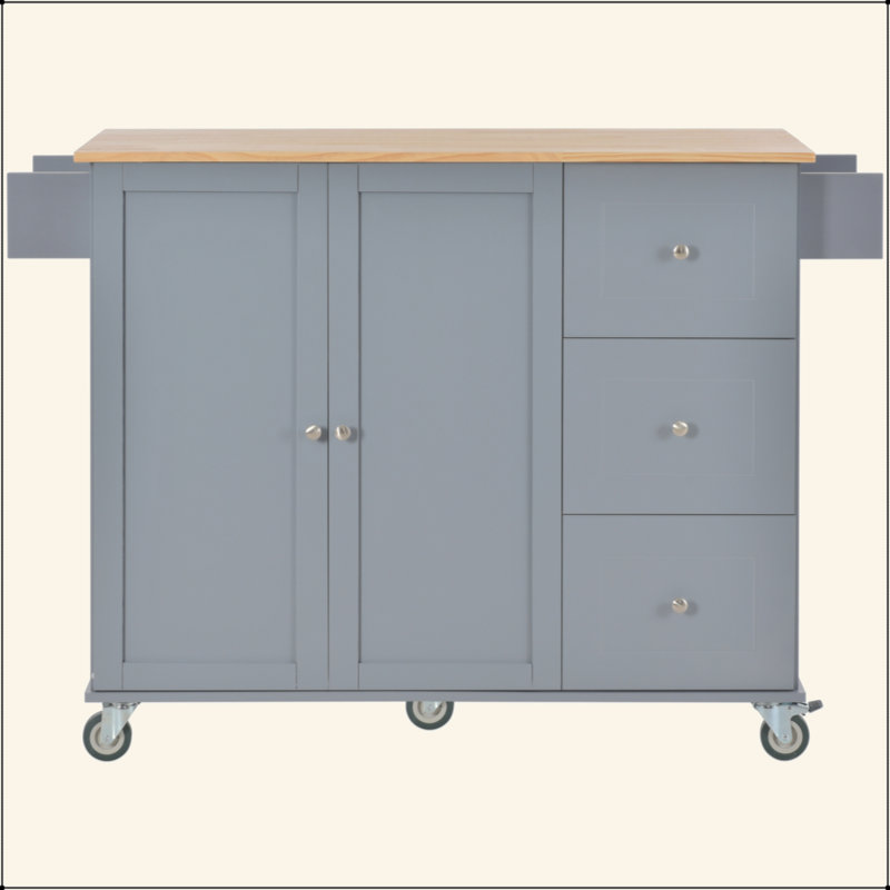 Îlot de cuisine mobile avec plateau en bois massif et roulettes verrouillables, largeur de 52,7 po, armoire de rangement et bar à abattants, support à épices, porte-serviettes et tiroir (gris-bleu)