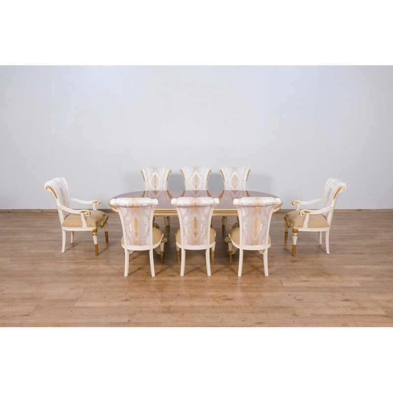 Maggiolini Extendable Dining Set, 9 Piece Dining Set, Natural Wood/Beige & Gold, Light sand beige