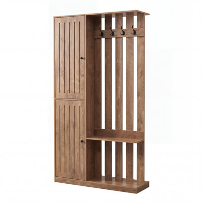 Farmhouse Hall Tree with 4 Coat Hooks, Freestanding Entryway Coat Rack with Storage Cabinet & Open Shelves,