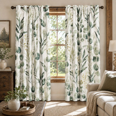 2Pcs Botanical Leaf Print Sun Blocking Curtains, Natural Greenery Pattern Room Darkening, Thermal Insulated & Noise Reducing for Living Bedroom for Home Dector