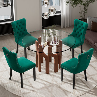 Ensemble de table de salle à manger ronde en verre avec base géométrique et chaises en velours 4/6 pour les petits espaces, la salle à manger et la cuisine