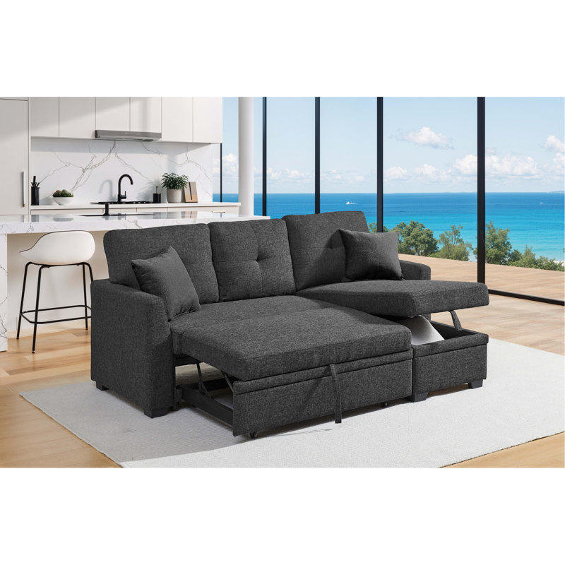 76.5" Linen Blend Upholstered Sectional With Pull-Out Bed And Chaise Storage, Charcoal Black Linen