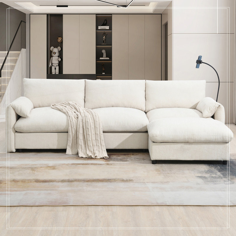 Boneless 96.5'' L-Shaped Sectional Sofa With Storage Ottoman And Pockets, Adjustable Phone Holder, USB Charger, Beige