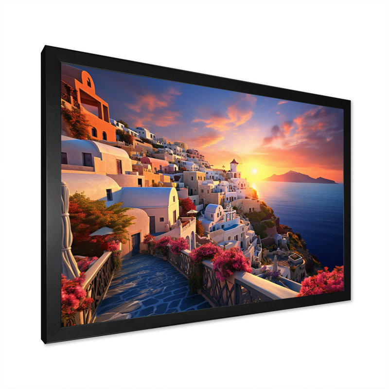 Grèce Oia Splendor III - décoration murale paysages urbains, H 16 po x l 32 po x P 1 po, Cadre photo noir